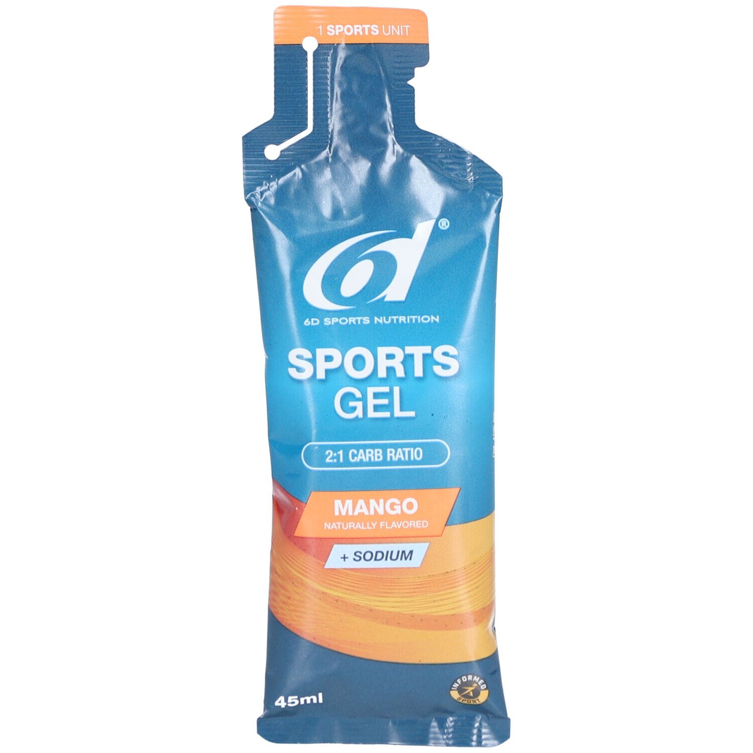 Zakje sportgel. Blauwe verpakking met logo en tekst "SPORTS GEL". Opschrift "MANGO + SODIUM". Onder: 45ml.