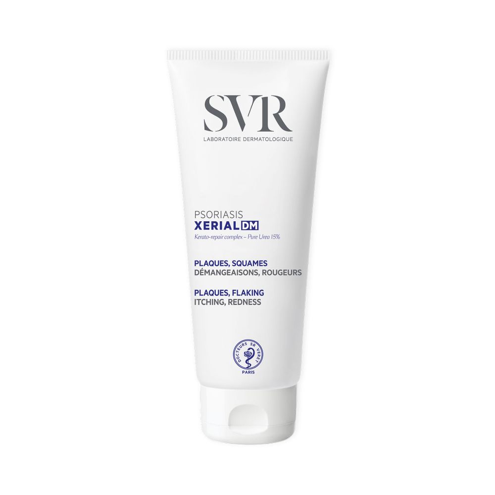 Witte tube SVR XERIAL DM. Tekst: Plaques, Squames, Démangeaisons, Rougeurs. Plaques, Flaking, Itching, Redness. Certificering.