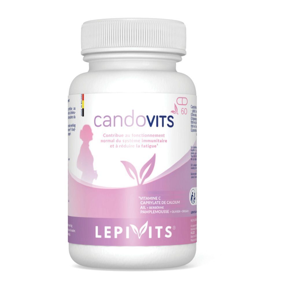 Flacon blanc "candoVits" avec 60 gélules. Logo femme enceinte. Inscription "LEPIVITS". Ingrédients: Vitamine C, ail, pamplemousse.