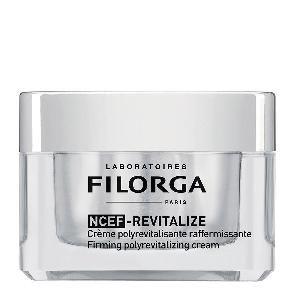 Pot de crème FILORGA NCEF-REVITALIZE. Pot transparent avec couvercle blanc. Nom et logo du produit visibles.