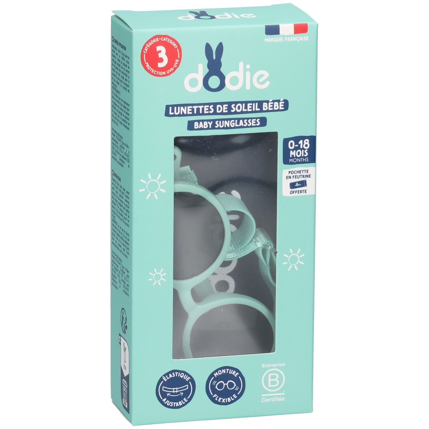 Turquoise doos met zonnebril voor baby's. Venster toont bril. Merk Dodie, tekst: Lunettes de Soleil Bébé, 0-18 maanden.