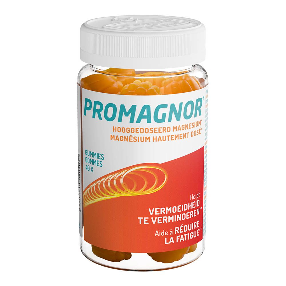 Promagnor gummies in een pot. Oranje gummies in een transparante pot met witte deksel.