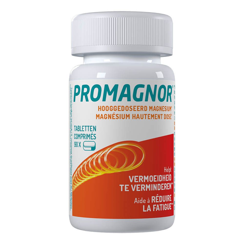 Flacon blanc de comprimés Promagnor, magnésium hautement dosé. 90 comprimés. Aide à réduire la fatigue.