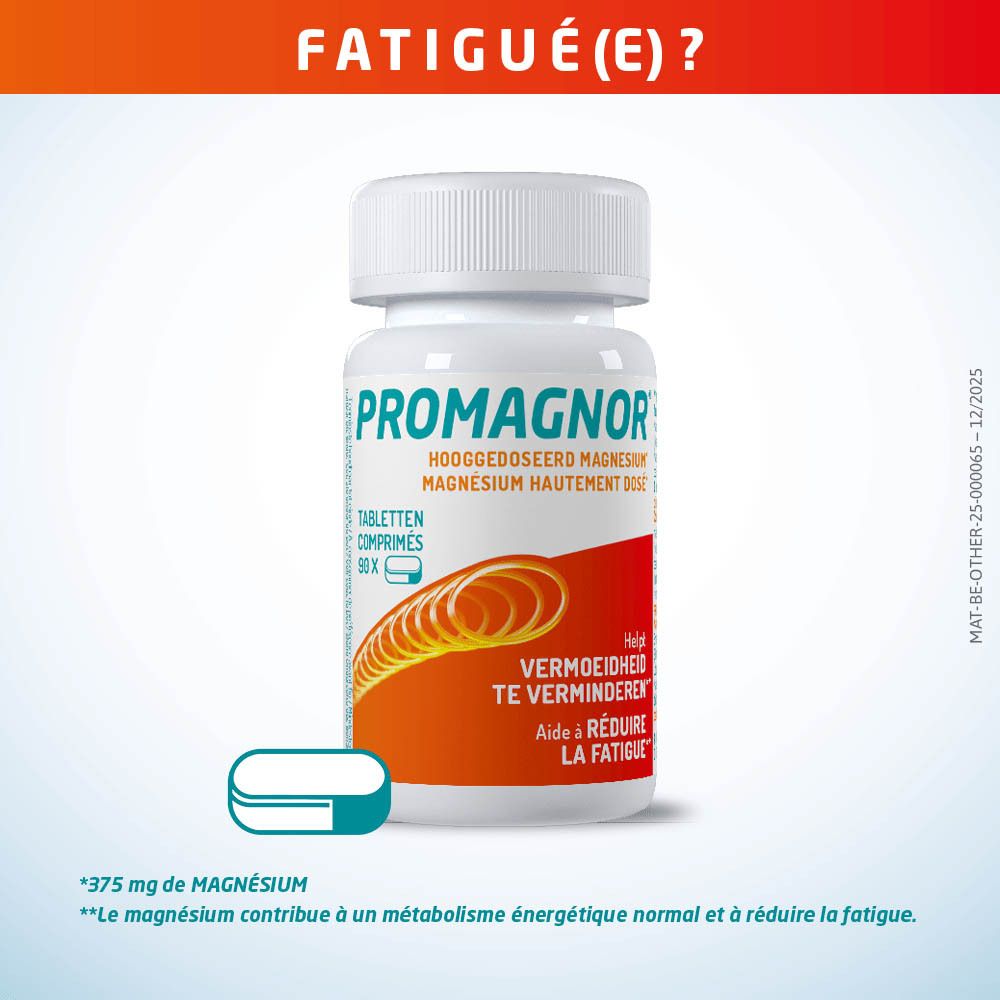 Publicité. Question: Fatigué(e)? Flacon Promagnor. Texte: 375 mg de magnésium. Le magnésium contribue au métabolisme énergétique normal.