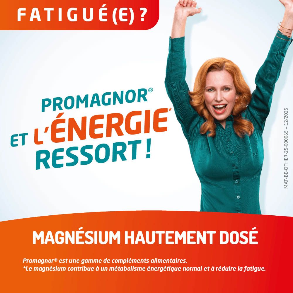 Publicité. Femme qui jubile. Texte: Promagnor et l'énergie ressort! Magnésium hautement dosé. Le magnésium est un complément alimentaire.