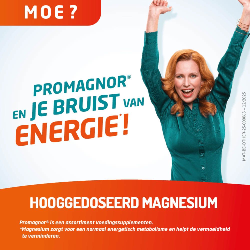 Reclame. Vrouw juicht. Tekst: Promagnor en je bruist van energie! Hooggedoseerd magnesium. Magnesium is een voedingssupplement.