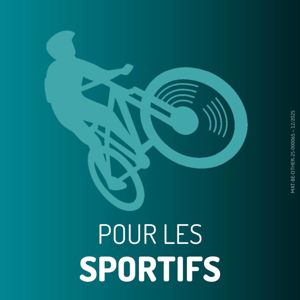 Silhouette d'un cycliste en l'air, texte : Pour les sportifs.