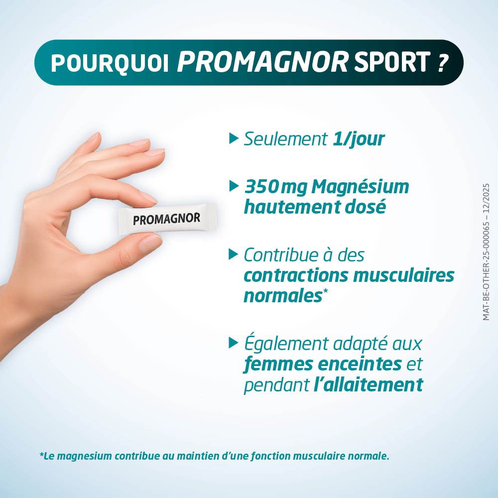 Main tenant un comprimé marqué Promagnor, texte : Pourquoi Promagnor Sport?