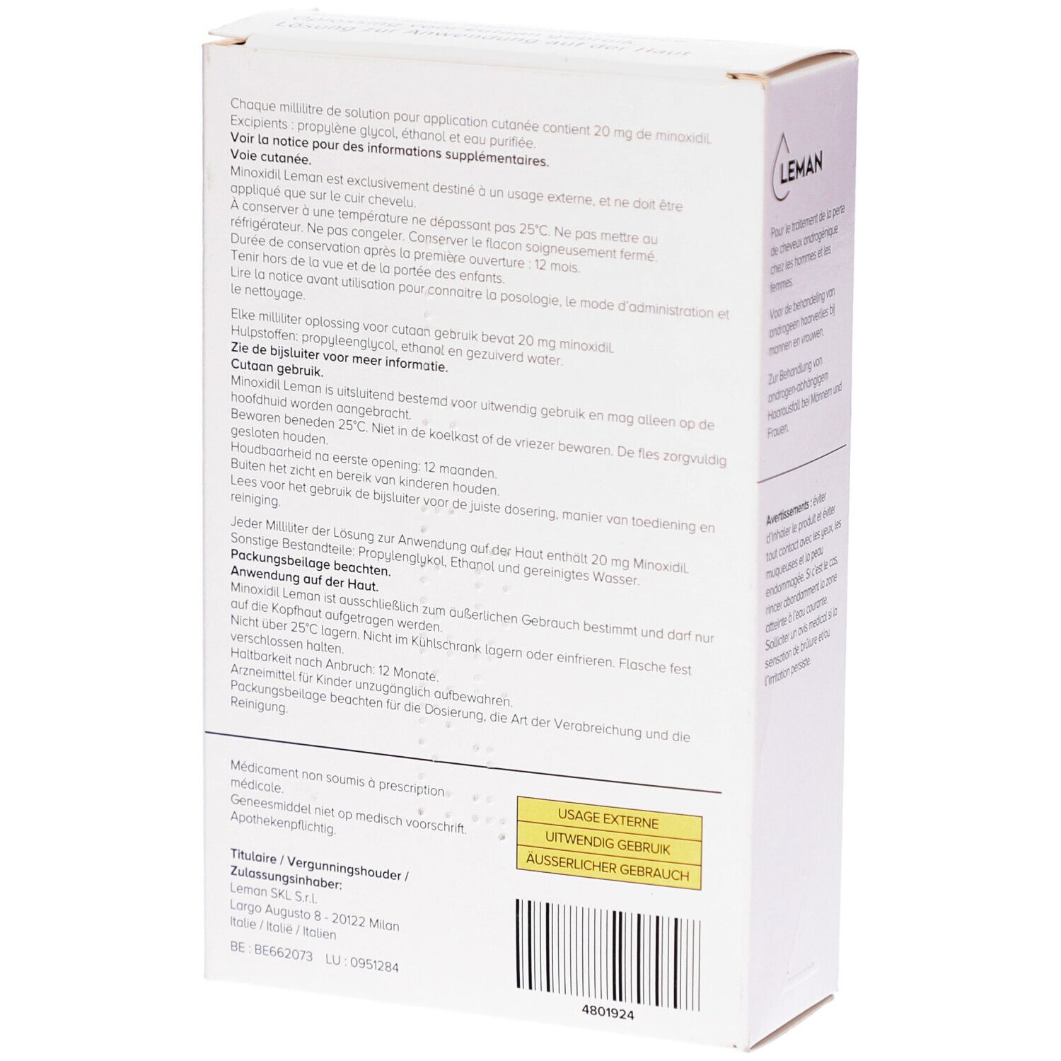 Achterkant van de witte doos. Meertalige tekst. Informatie over gebruik en ingrediënten.