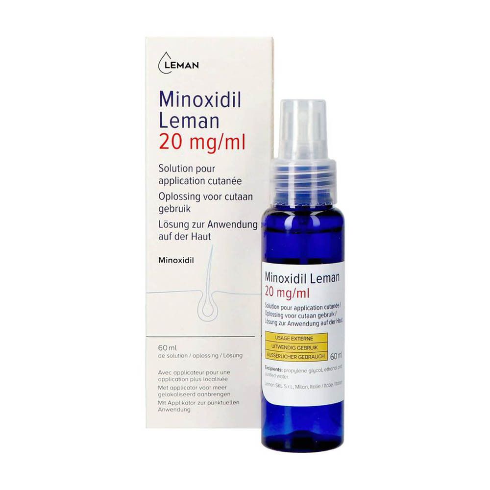 Emballage et flacon. Inscription : Minoxidil Leman 20 mg/ml. Solution pour application cutanée. 60 ml. Avec applicateur.