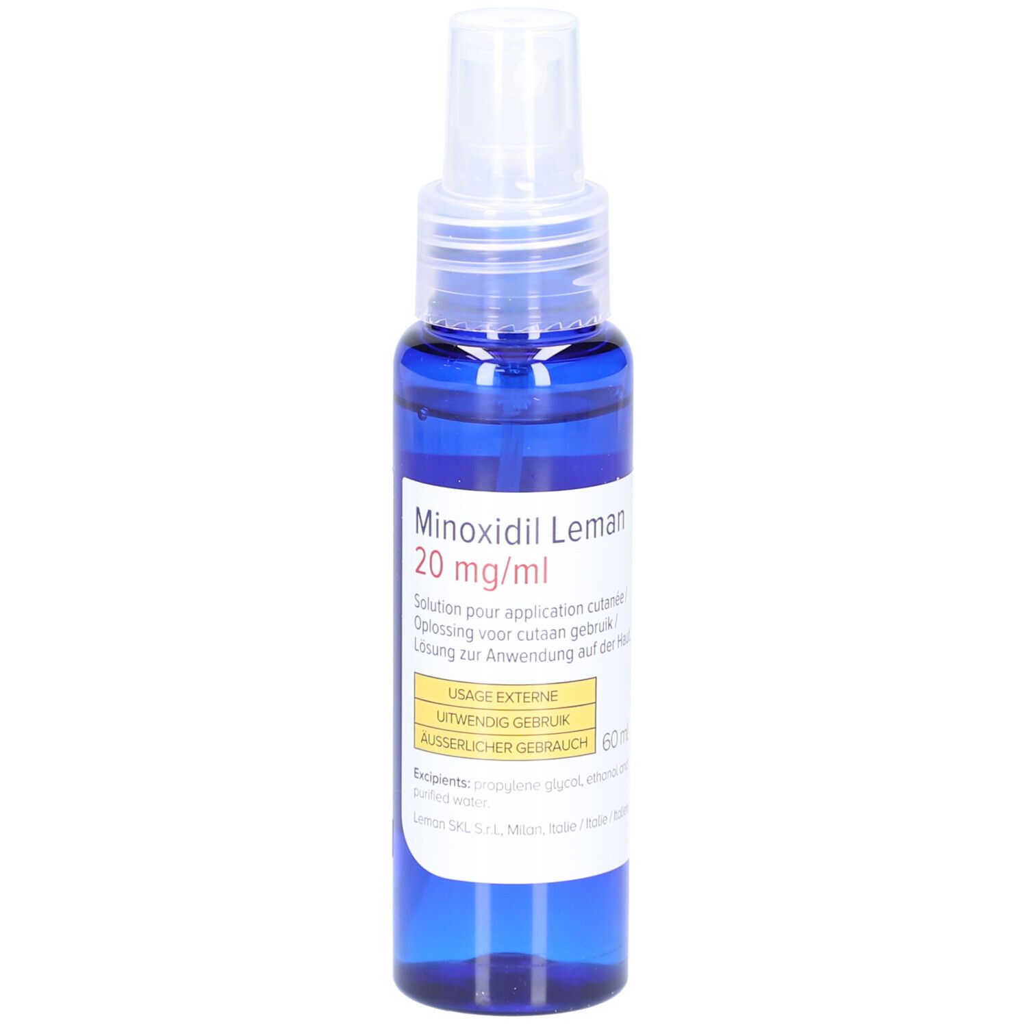Flacon bleu avec vaporisateur. Inscription : Minoxidil Leman 20 mg/ml. Solution pour application cutanée. 60 ml.