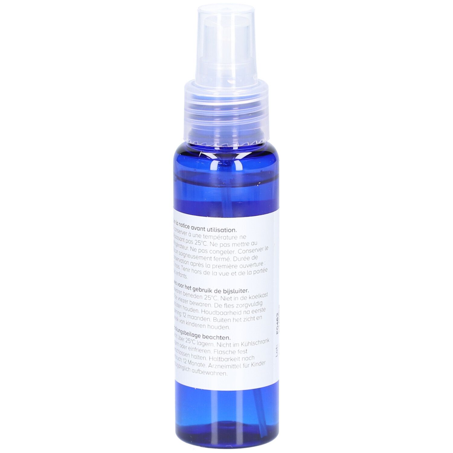 Flacon bleu avec vaporisateur. Dos avec texte. Inscription : Minoxidil Leman 20 mg/ml. Conseils d'utilisation et de stockage.