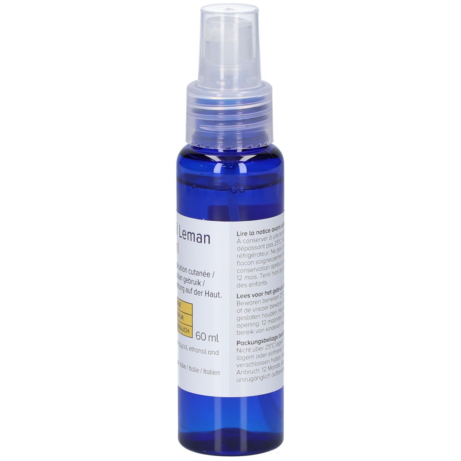 Flacon bleu avec vaporisateur. Inscription : Minoxidil Leman 20 mg/ml. Solution pour application cutanée. 60 ml.