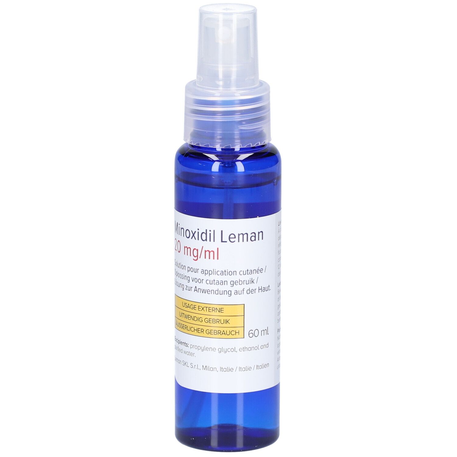 Flacon bleu avec vaporisateur. Inscription : Minoxidil Leman 20 mg/ml. Solution pour application cutanée. 60 ml.