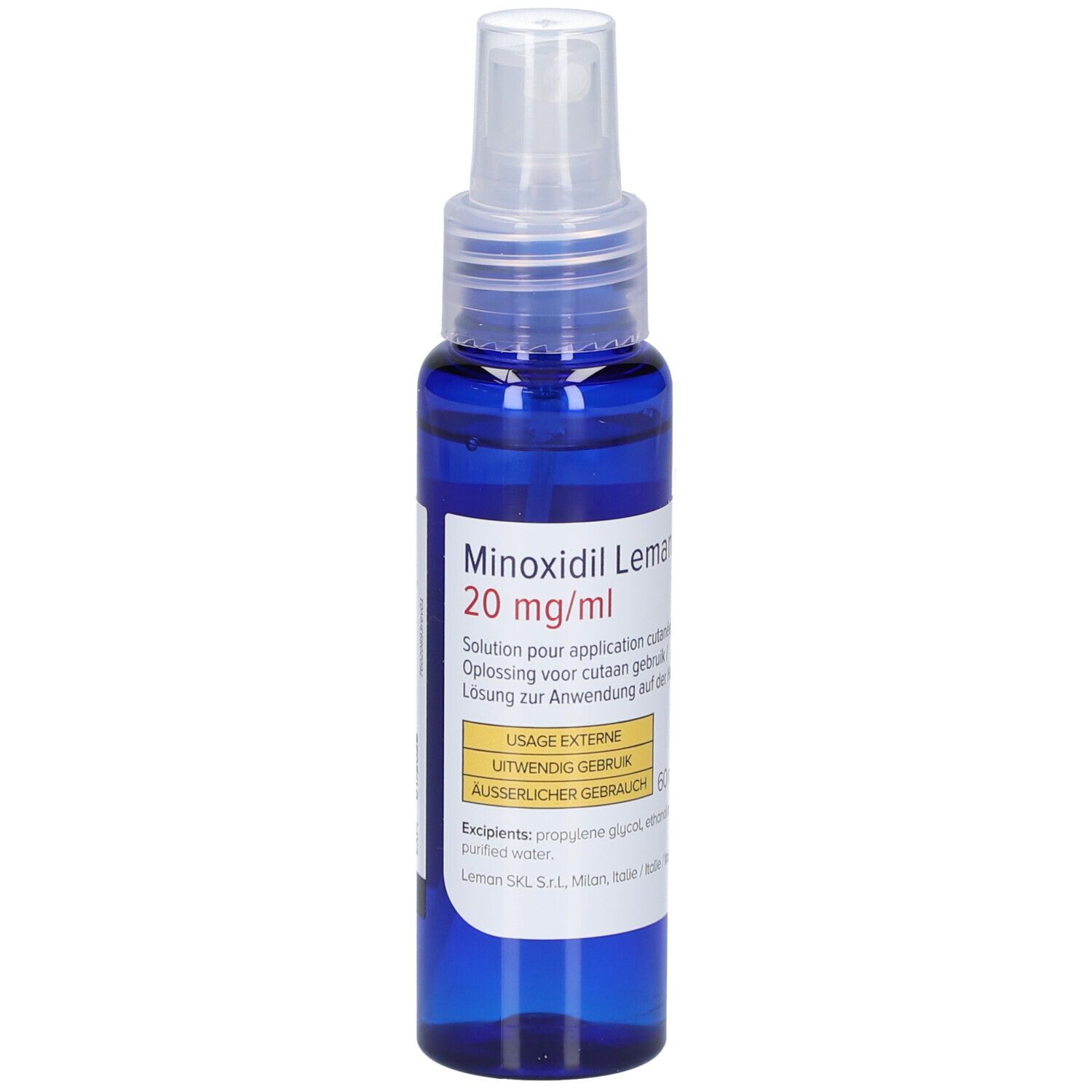 Flacon bleu avec vaporisateur. Inscription : Minoxidil Leman 20 mg/ml. Solution pour application cutanée. 60 ml.