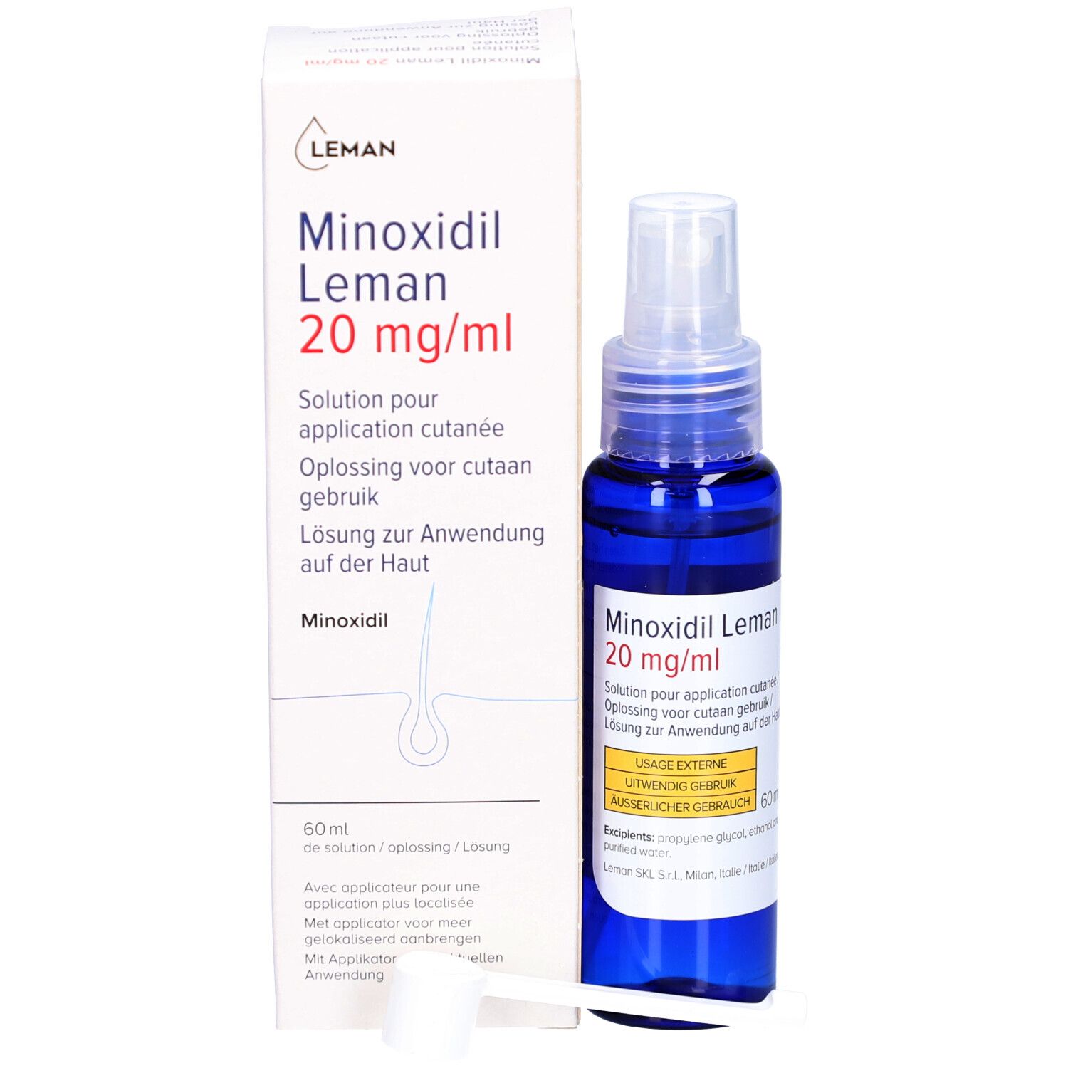 Emballage et flacon. Emballage : Minoxidil Leman 20 mg/ml. Solution pour application cutanée. 60 ml. Avec applicateur.