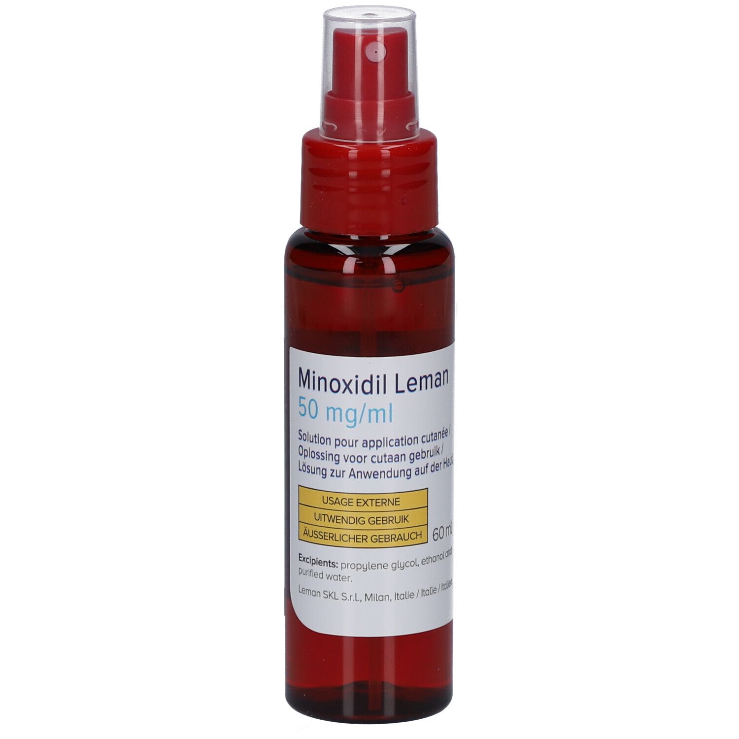 Flacon brun avec vaporisateur rouge. Inscription: Minoxidil Leman 50 mg/ml. Solution pour application cutanée.