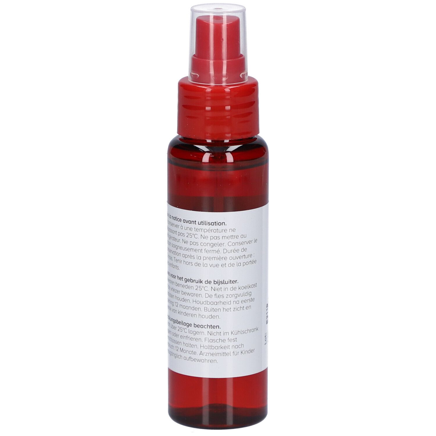Flacon brun avec vaporisateur rouge. Verso avec texte. Inscription: Minoxidil Leman 50 mg/ml.