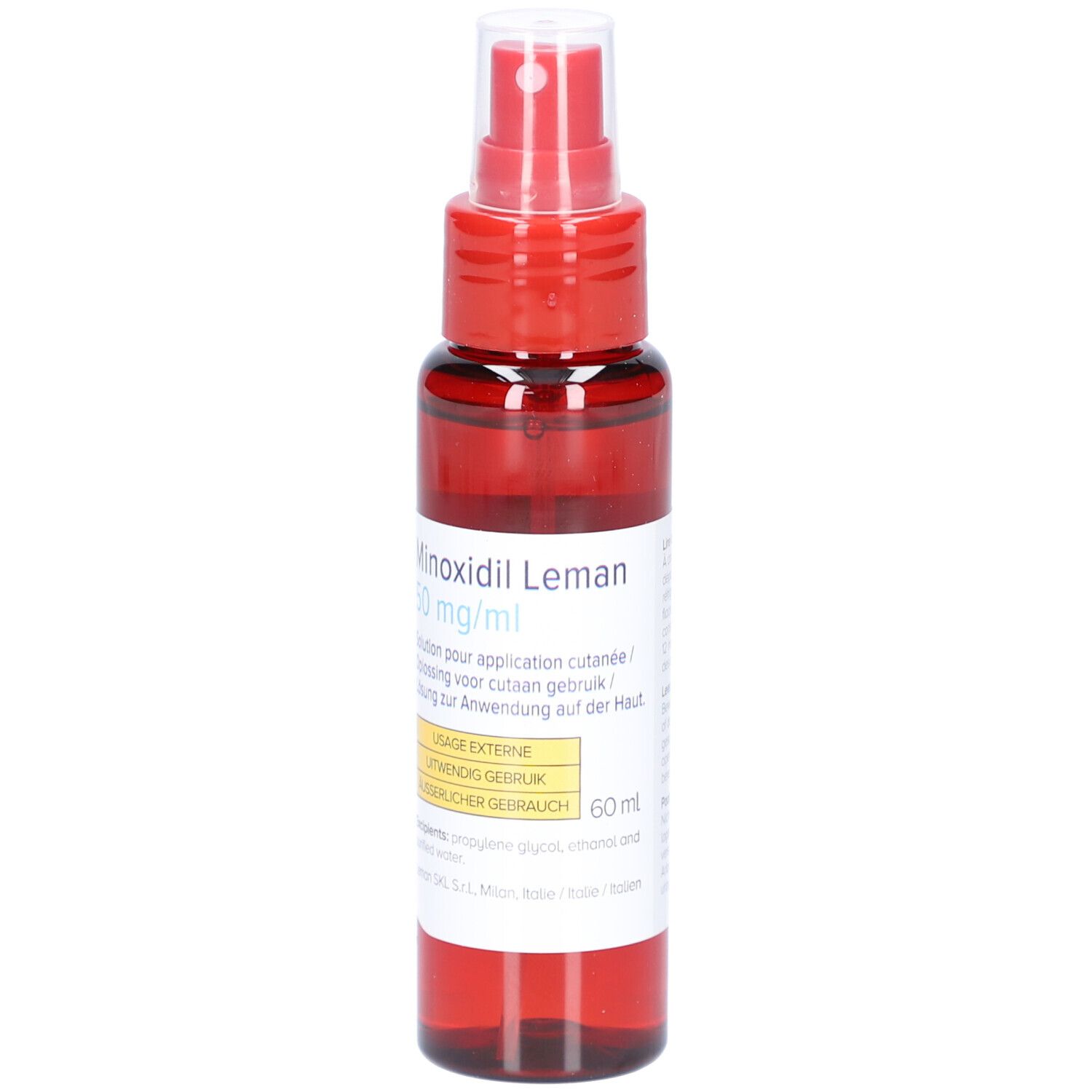 Flacon brun avec vaporisateur rouge. Inscription: Minoxidil Leman 50 mg/ml. 60 ml.