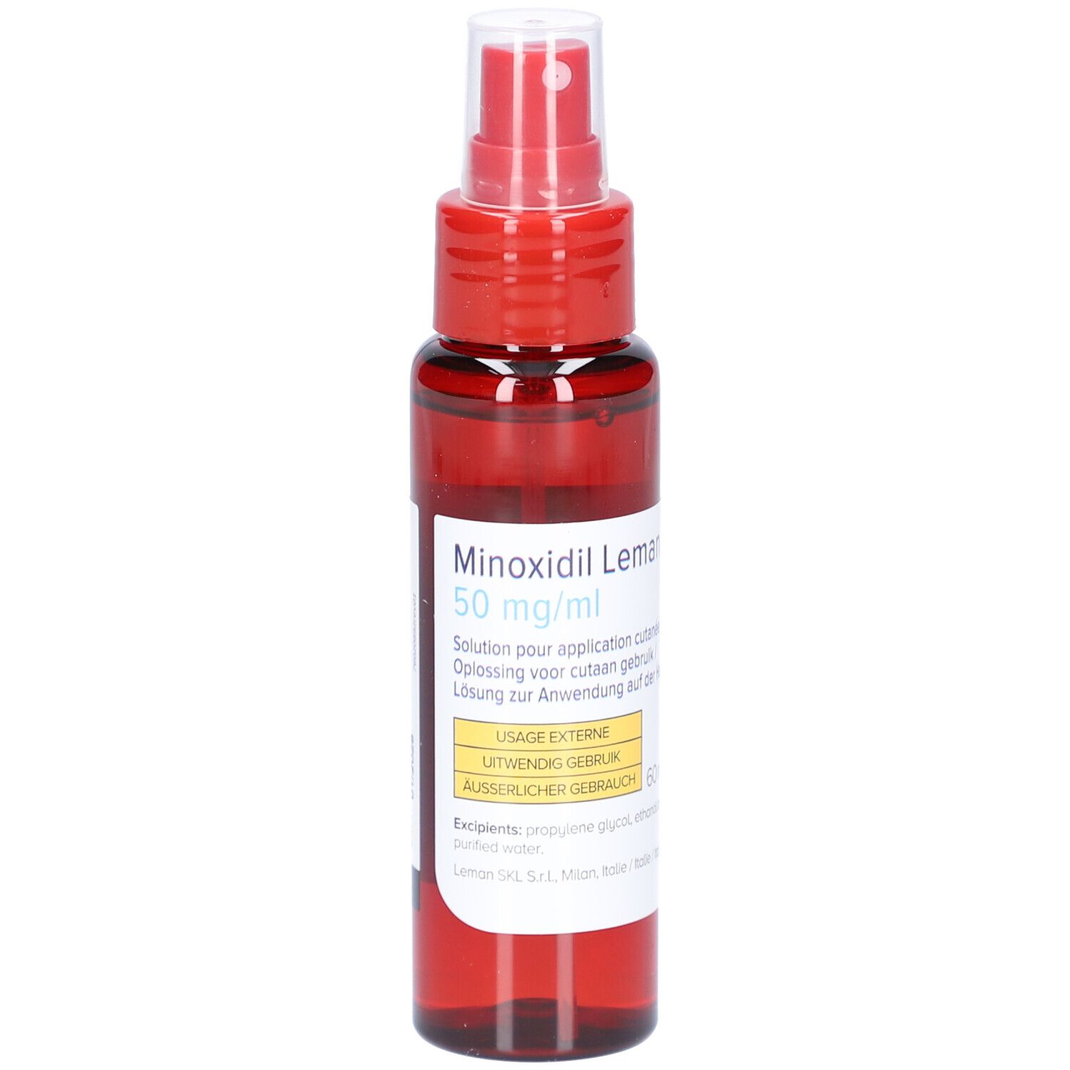 Flacon brun avec vaporisateur rouge. Inscription: Minoxidil Leman 50 mg/ml. 60 ml.