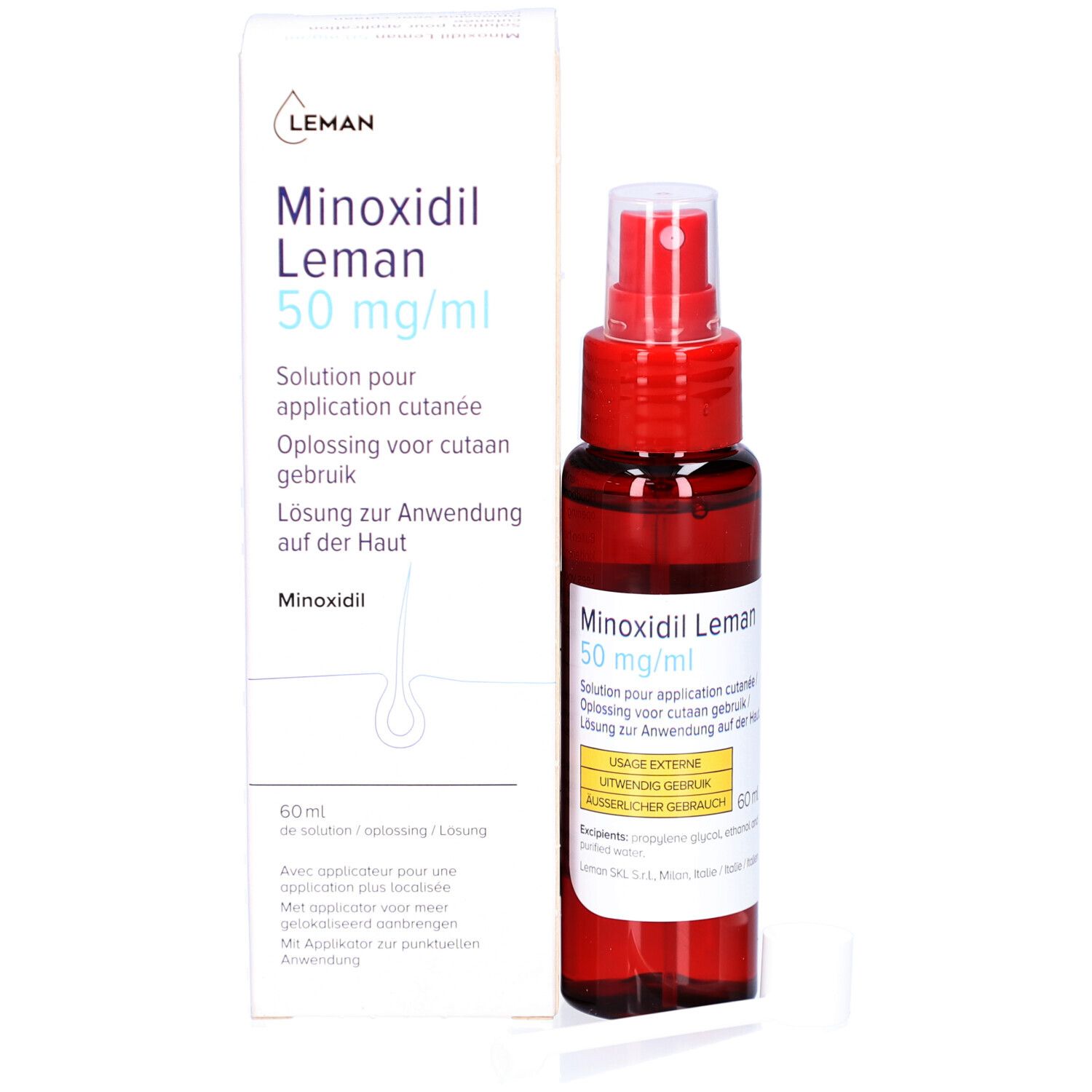 Flacon et emballage Minoxidil Leman 50 mg/ml. Boîte blanche avec informations.