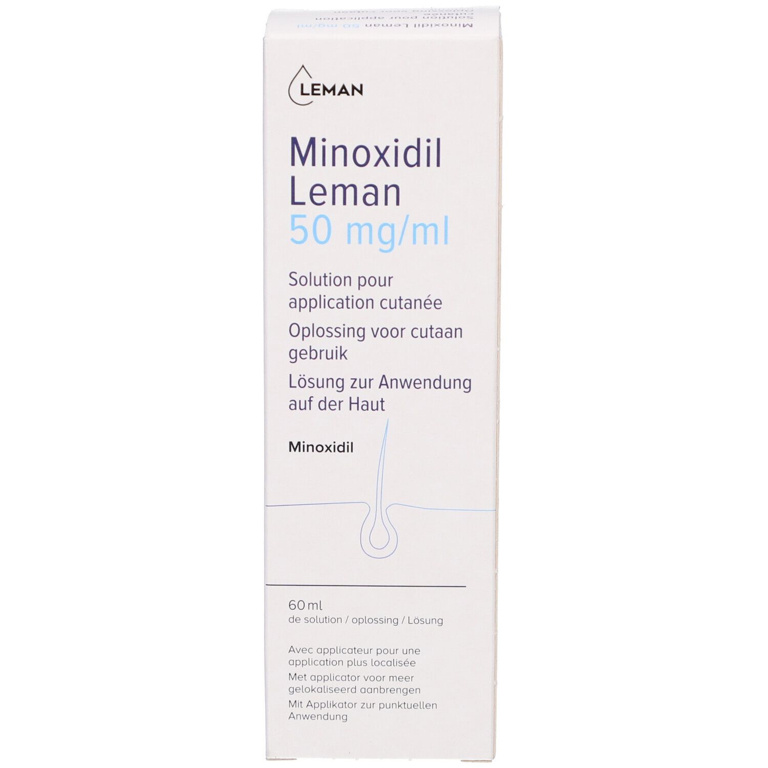 Boîte blanche avec informations. Inscription: Minoxidil Leman 50 mg/ml.