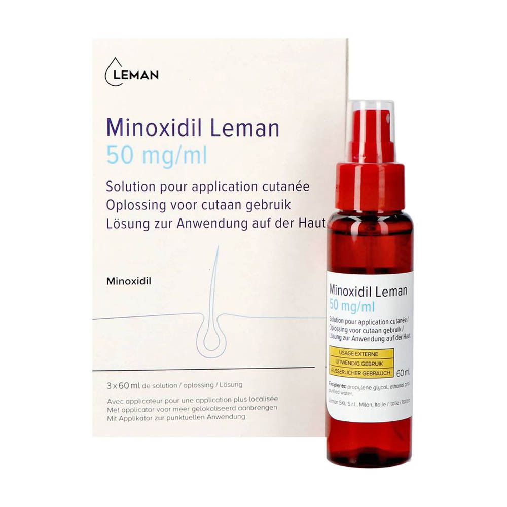 Flacon et boîte de Minoxidil Leman 50 mg/ml. Logo Leman. Texte multilingue. Applicateur.