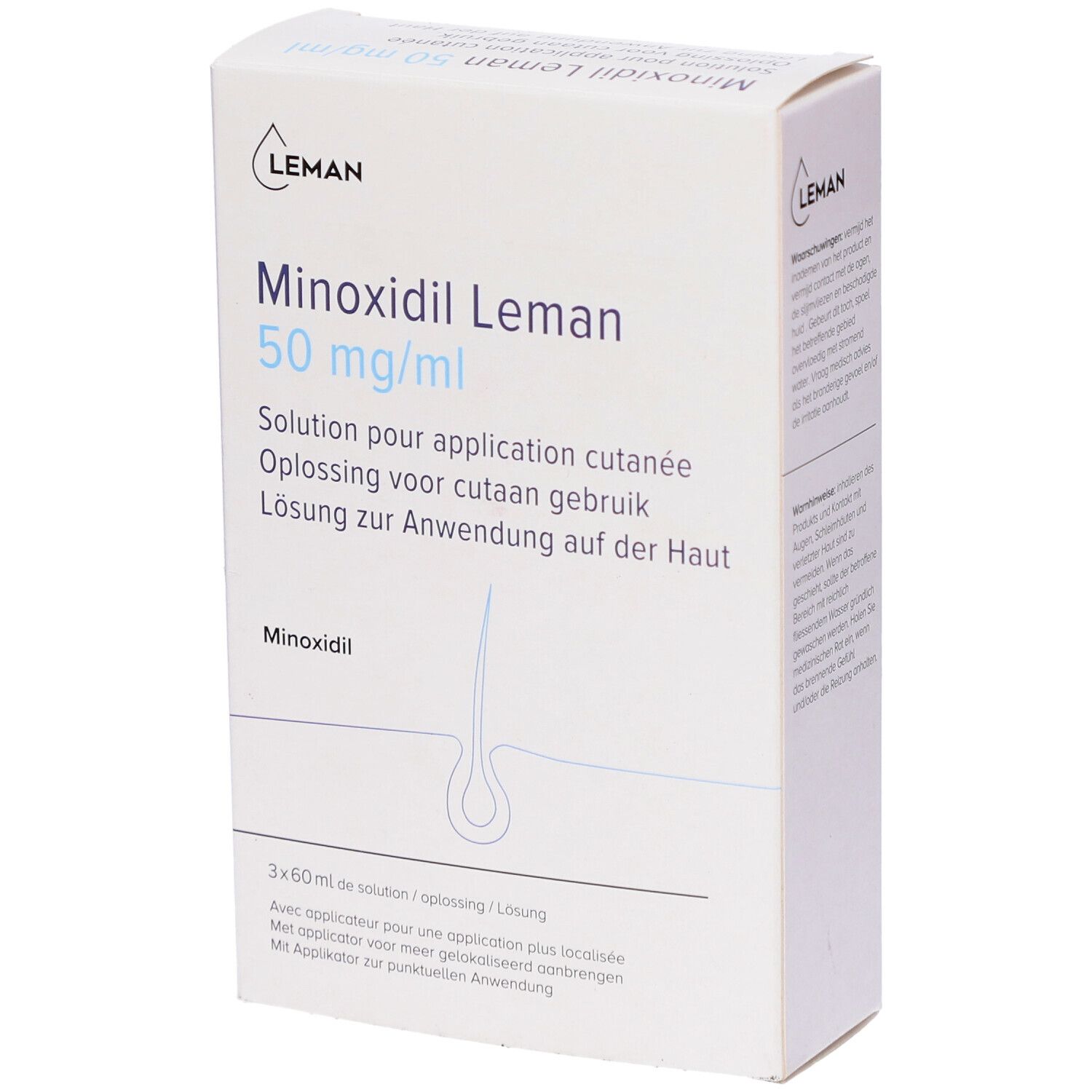 Doosje Minoxidil Leman 50 mg/ml. Meertalige tekst. Leman logo. Oplossing voor cutaan gebruik.