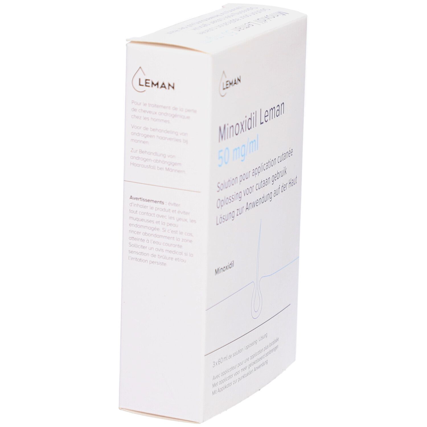 Doosje Minoxidil Leman 50 mg/ml. Meertalige tekst. Leman logo. Oplossing voor cutaan gebruik.
