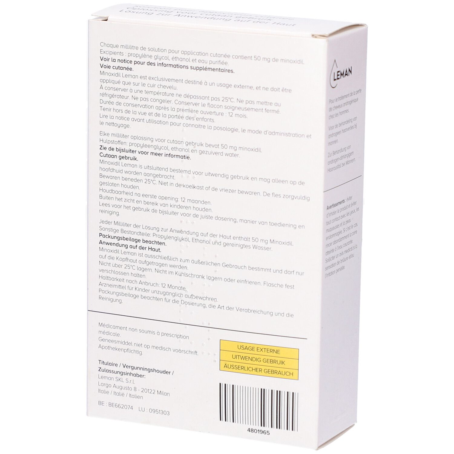 Achterkant doosje Minoxidil Leman 50 mg/ml. Meertalige productinfo. Leman logo. Uitwendig gebruik.