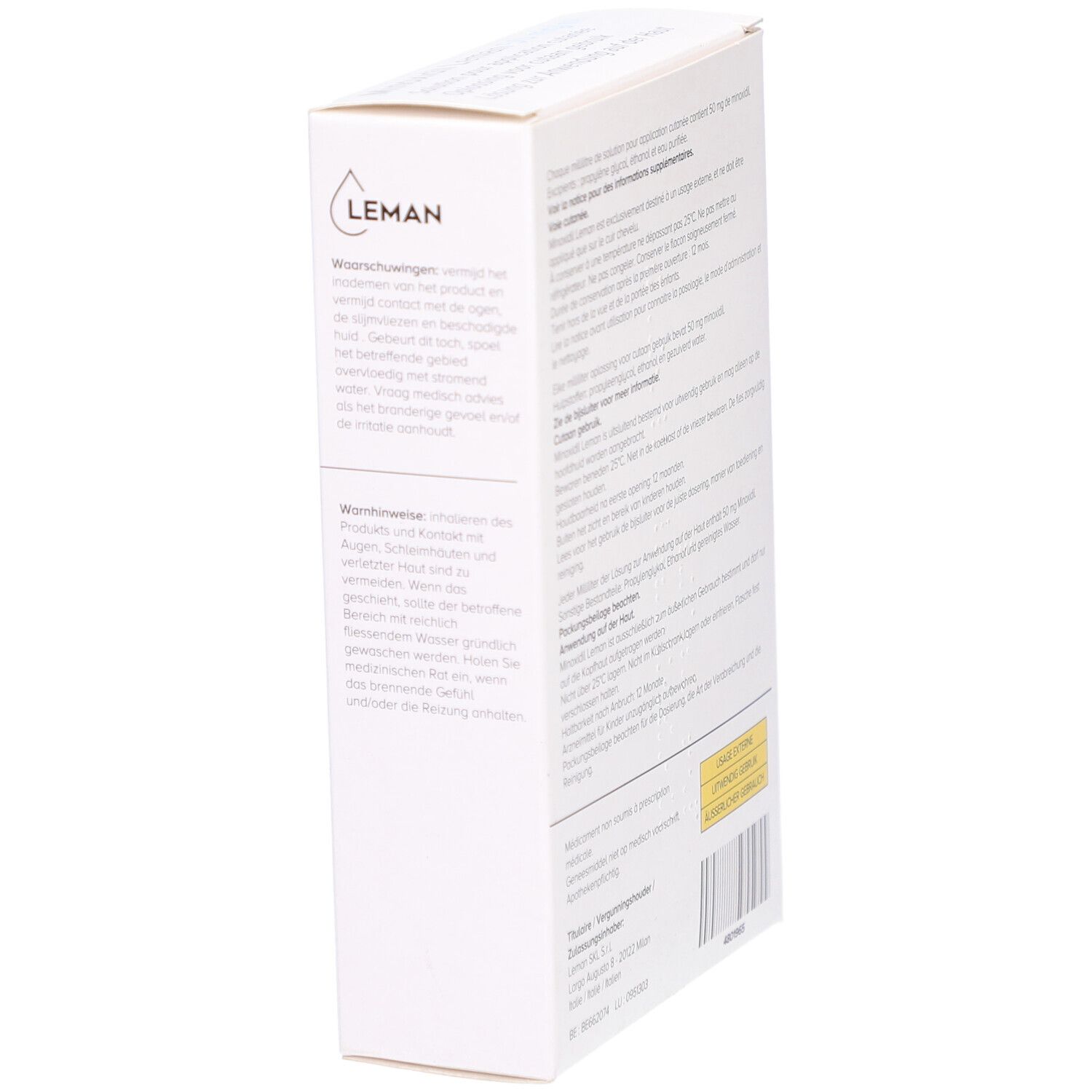Zijkant doosje Minoxidil Leman 50 mg/ml. Meertalige productinfo. Leman logo.