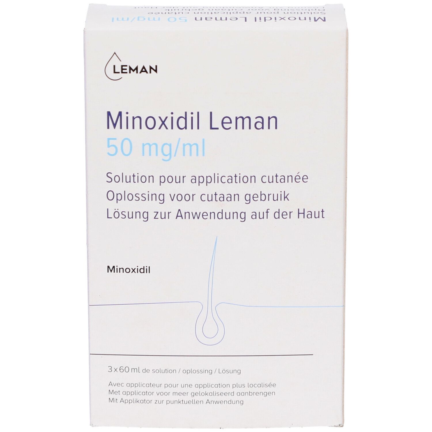 Doosje Minoxidil Leman 50 mg/ml. Meertalige tekst. Leman logo. Oplossing voor cutaan gebruik.