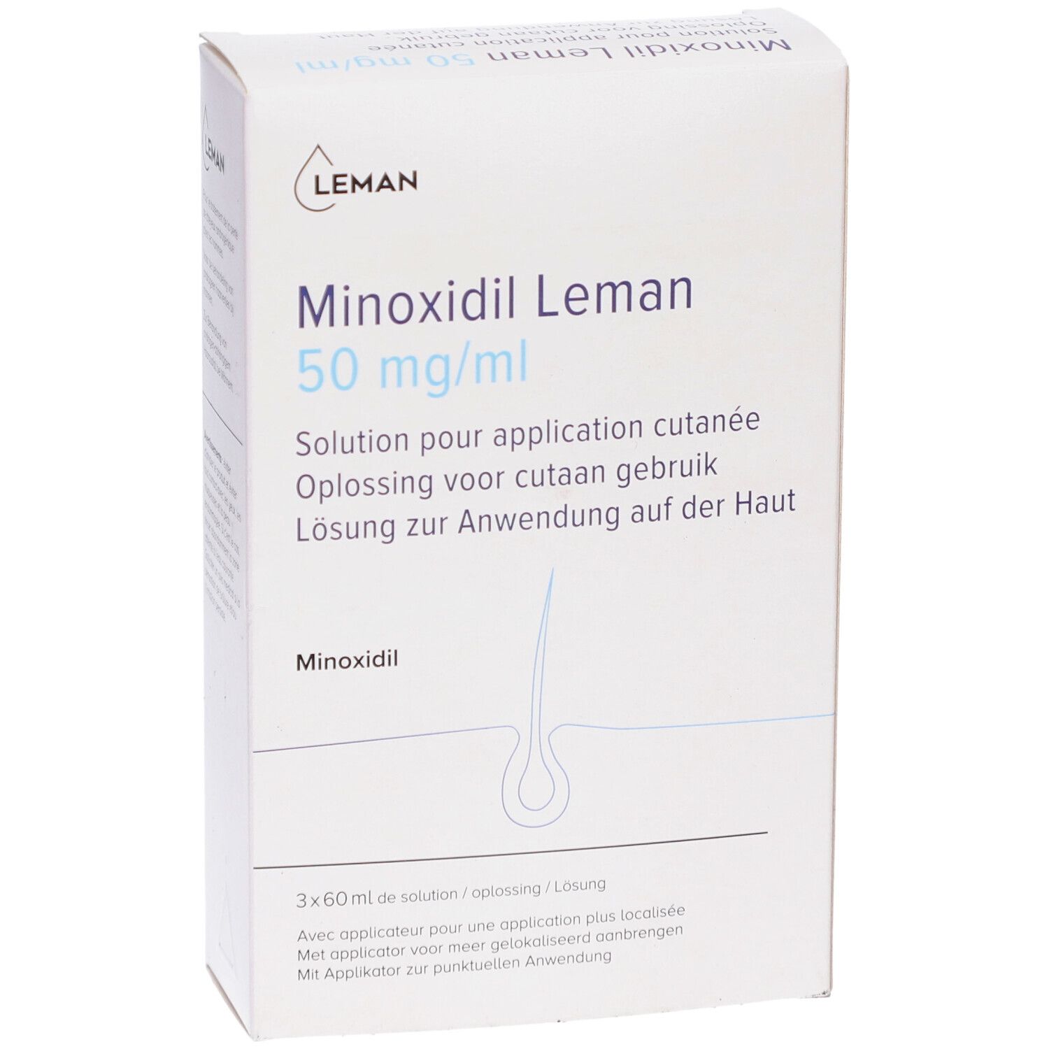 Doosje Minoxidil Leman 50 mg/ml. Meertalige tekst. Leman logo. Oplossing voor cutaan gebruik.
