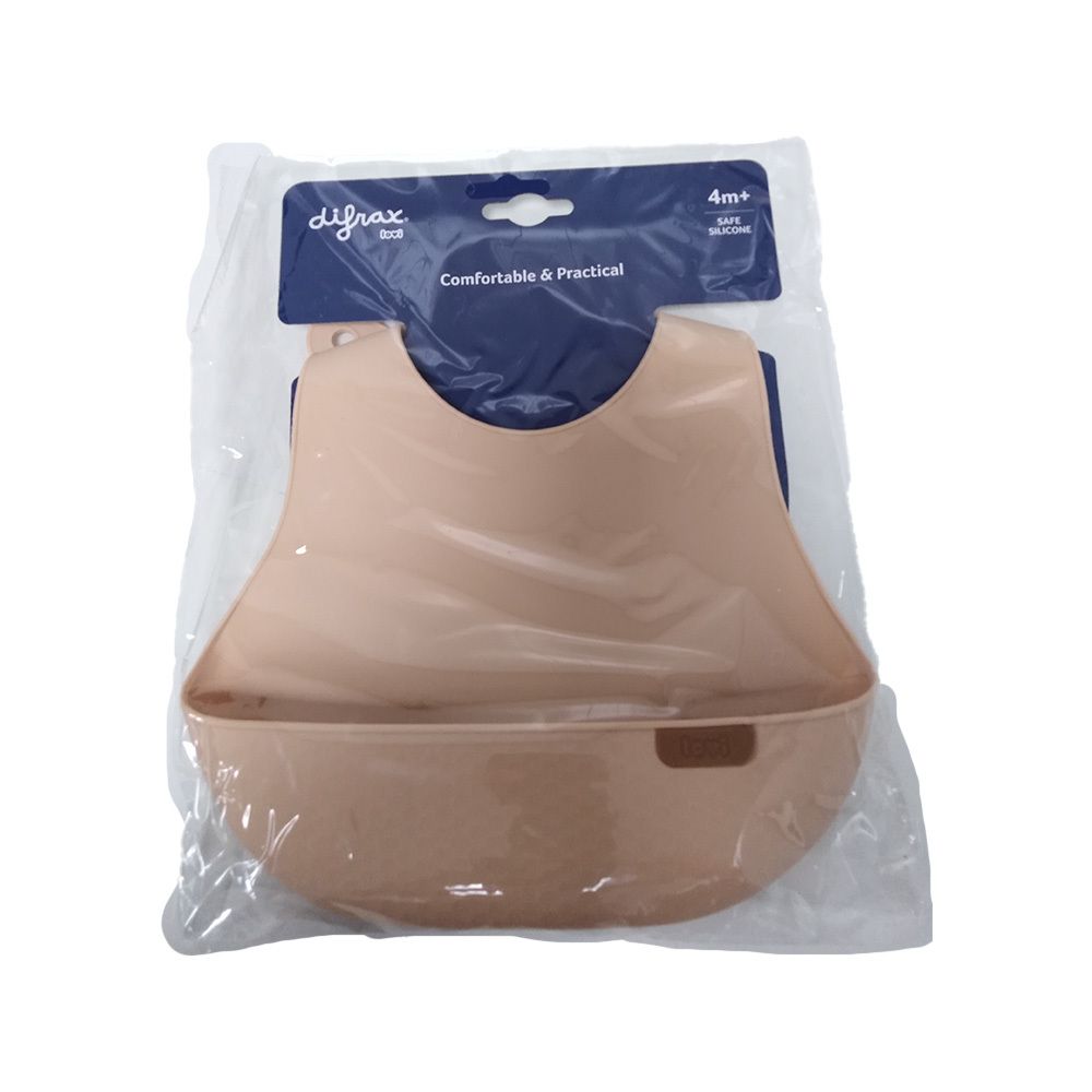 Beige siliconen slab in plastic verpakking. Merk Difrax. Met opvangbakje. "Comfortable & Practical" staat op de verpakking.