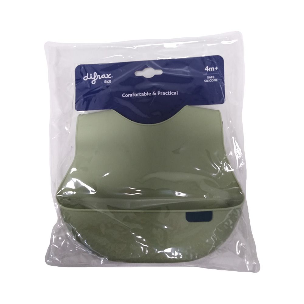 Pistachekleurige siliconen slab in plastic verpakking. Merk Difrax zichtbaar. Met opvangbakje. Voor baby's van 4 maanden en ouder.