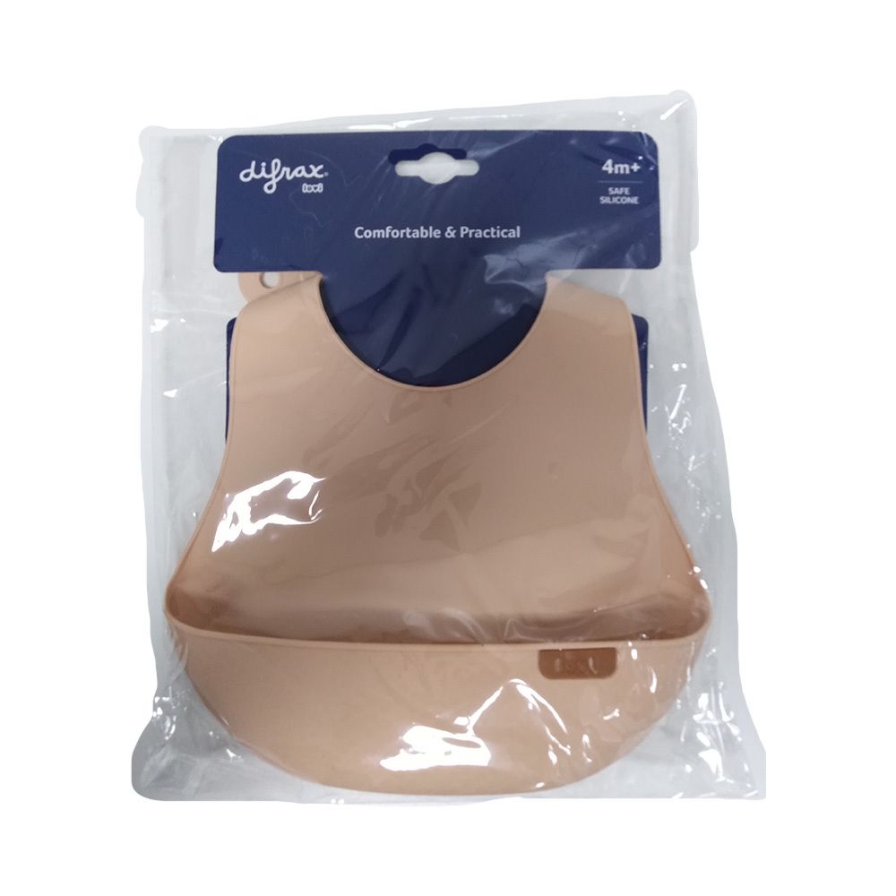 Siliconen slab in verpakking. Beige kleur, met opvangbakje. Merk Difrax, tekst: Comfortable & Practical.