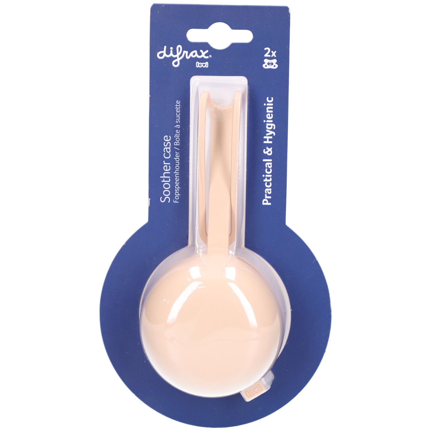 Beige fopspeenhouder in transparante verpakking. Merk Difrax. Tekst "Practical & Hygienic".