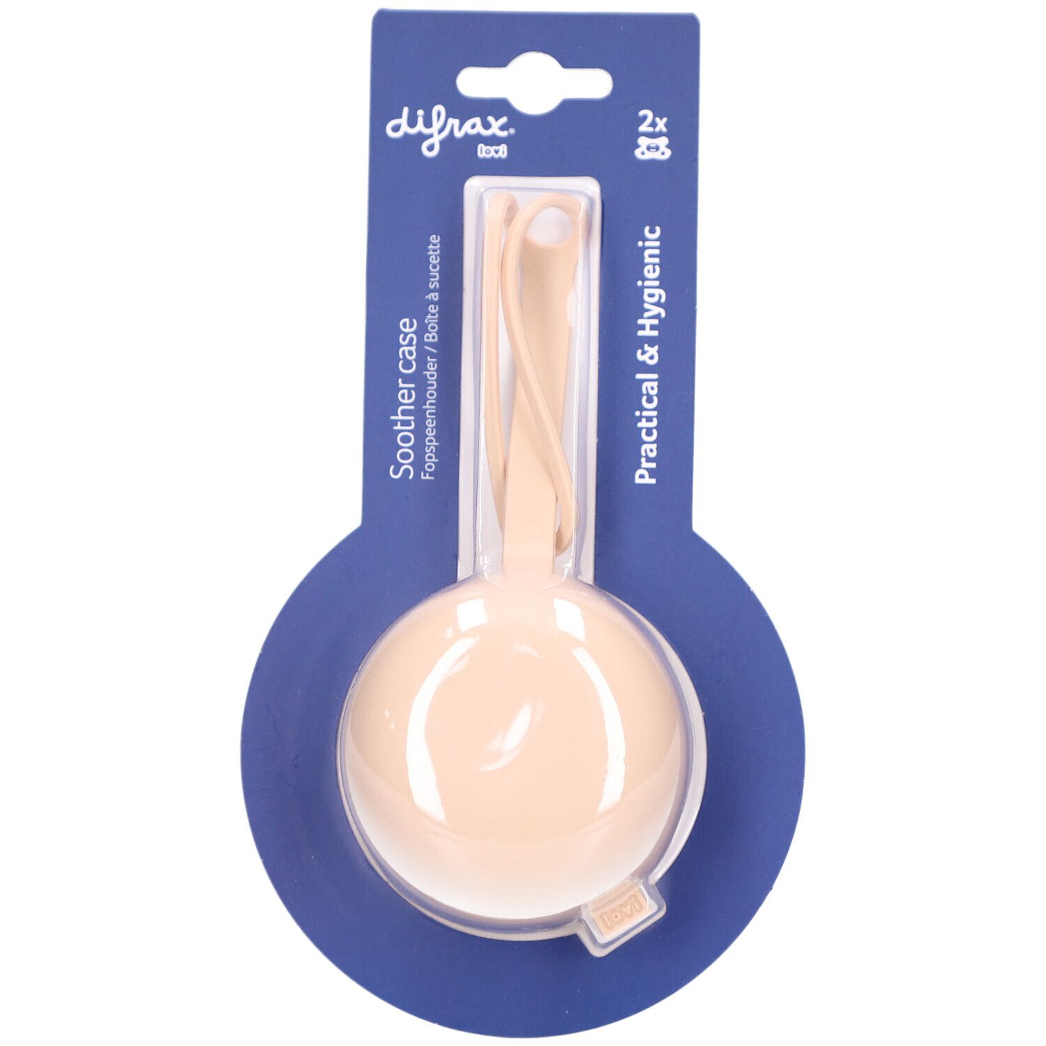 Beige fopspeenhouder met handvat, in verpakking. Merk Difrax. Ronde vorm, van kunststof.