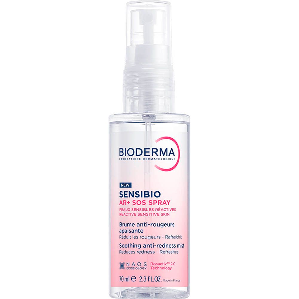 Bioderma Sensibio AR+ SOS Spray. Transparante fles met verstuiver. Roze etiket met productinformatie.