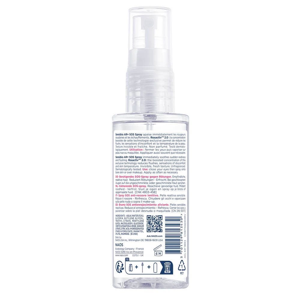 Achterkant van Bioderma Sensibio AR+ SOS Spray. Transparante fles met tekst.