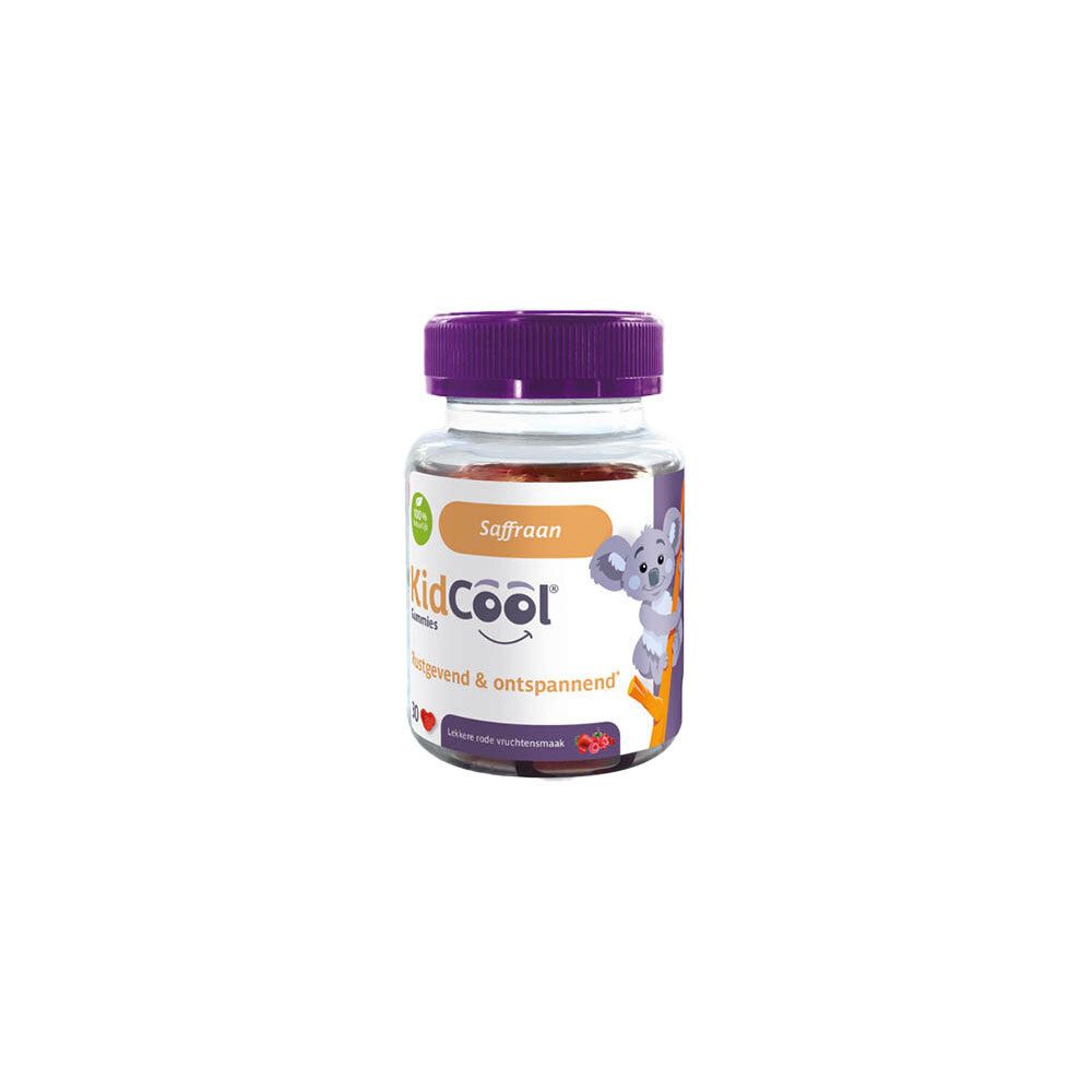 Fles KidCool gummies met 30 stuks, paars deksel, koala-motief.