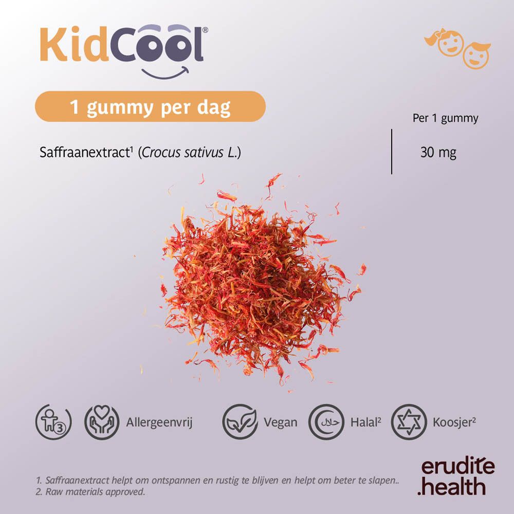 Fles KidCool gummies met 30 stuks, paars deksel, koala-motief.