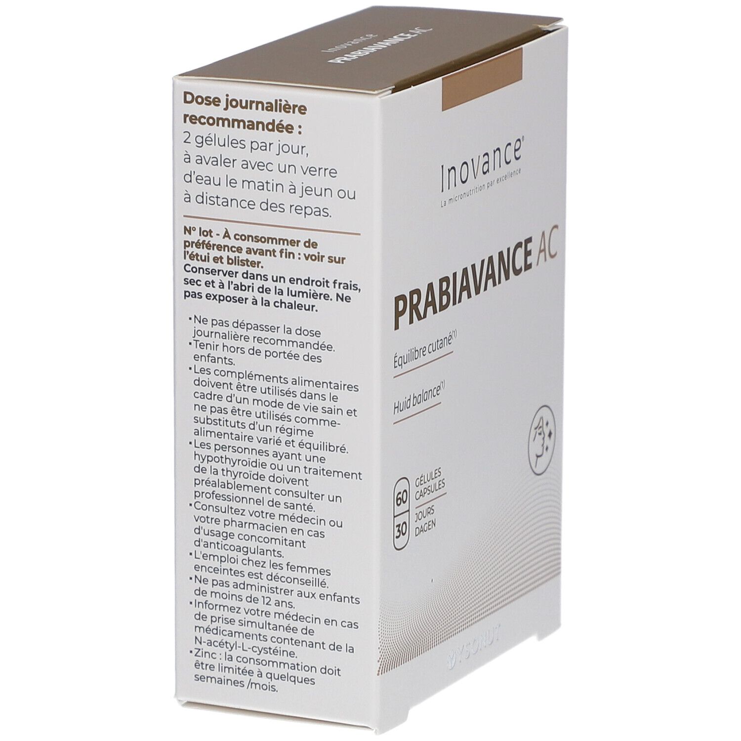 Vue latérale de la boîte Inovance PRABIAVANCE AC. Texte sur le dosage et les ingrédients. Logo et nom du produit visibles.