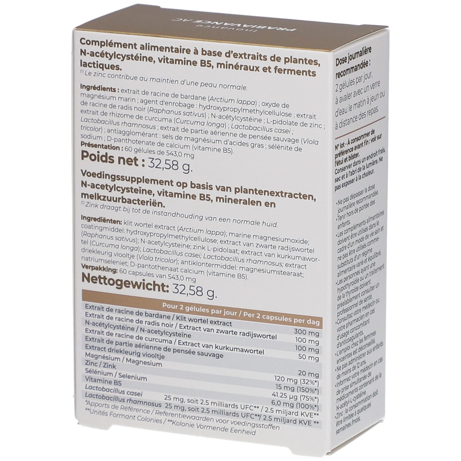 Dos de la boîte Inovance PRABIAVANCE AC. Liste des ingrédients et informations nutritionnelles. Texte multilingue.