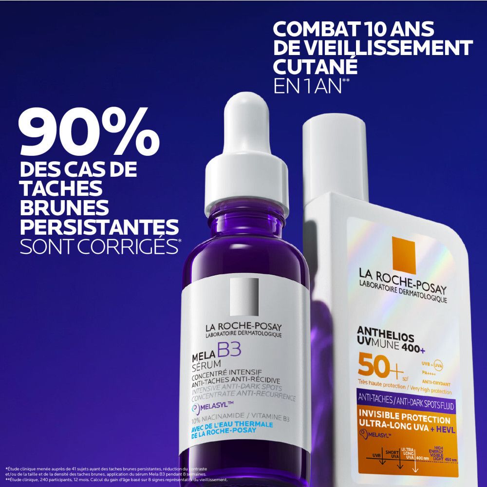 Produit et sérum. Texte: Anthelios Uvmune 400, Mela B3 Sérum.