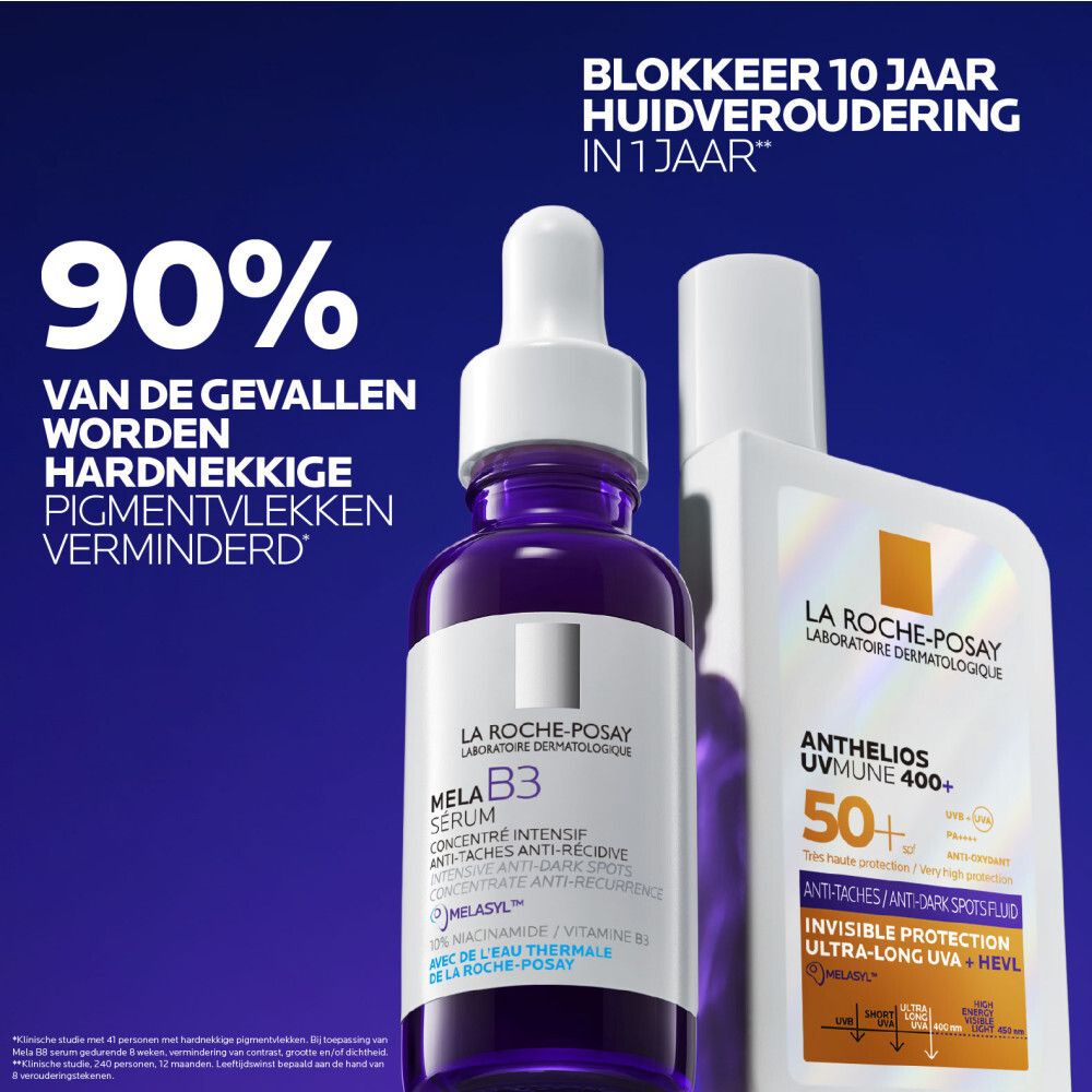 Product en serum. Tekst: Anthelios Uvmune 400, Mela B3 Serum.