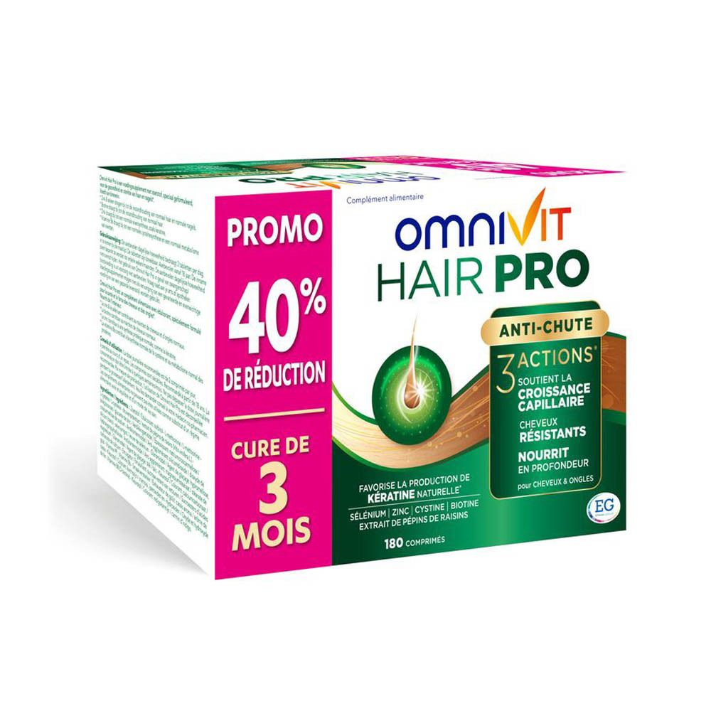 Boîte Omnivit Hair Pro. Design vert et blanc, nom du produit et promotion -40%. Contient 180 comprimés.