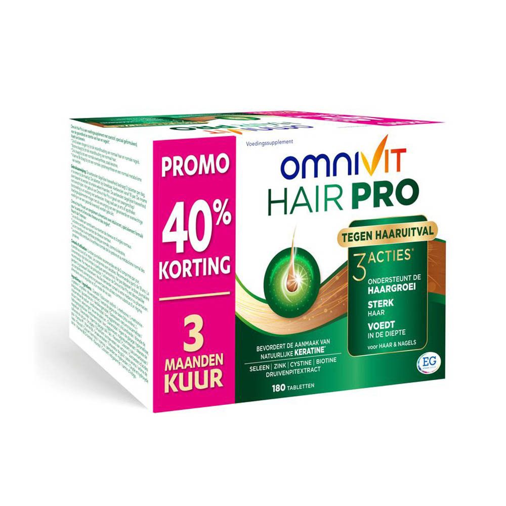 Omnivit Hair Pro-verpakking. Groen-wit ontwerp met productnaam en 40% korting. Bevat 180 tabletten.