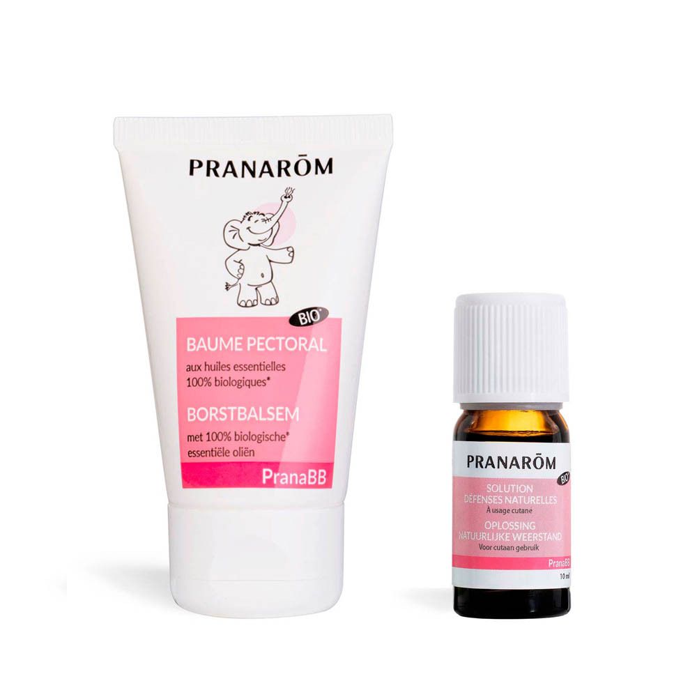 Twee producten: tube en flesje. Tekst: PRANAROM, BAUME PECTORAL, BORSTBALSEM, SOLUTION DEFENSES NATURELLES. Logo: BIO.