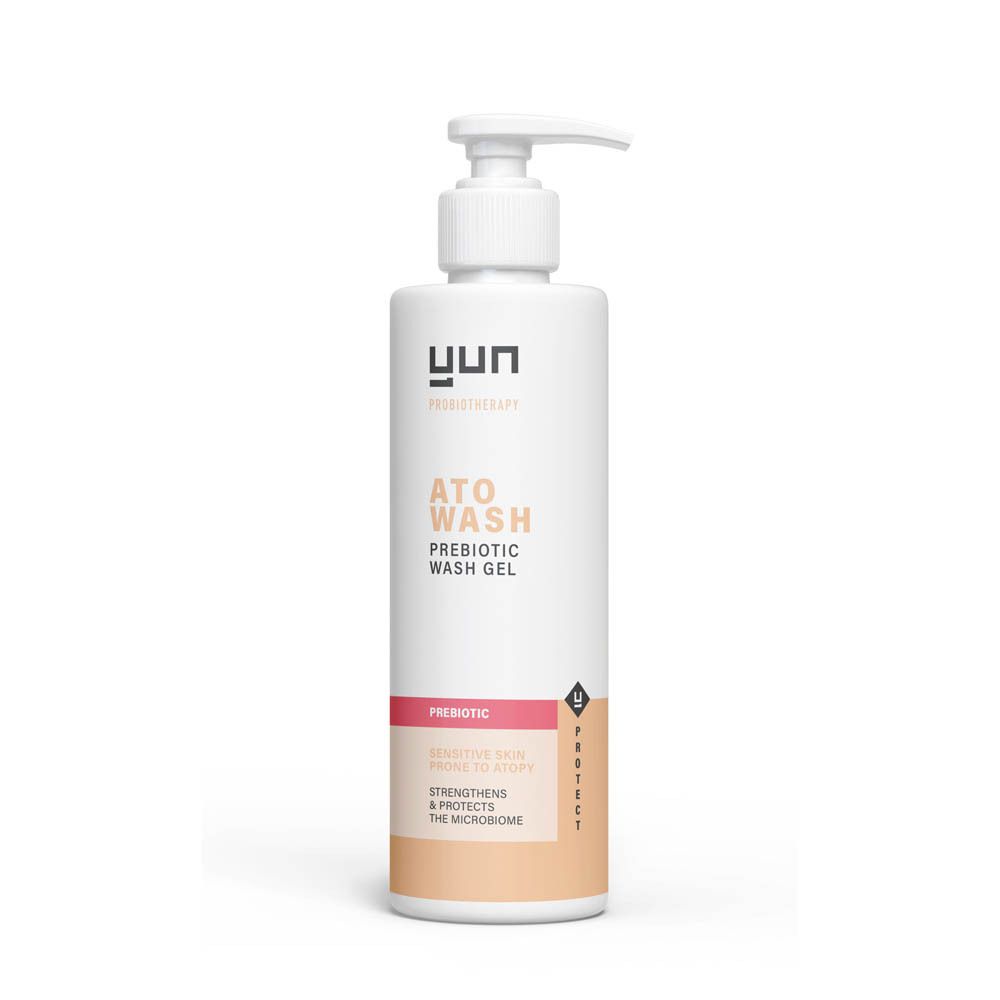 Witte fles met pomp. Opschrift: ATO WASH, Prebiotic Wash Gel. Merk: yun.